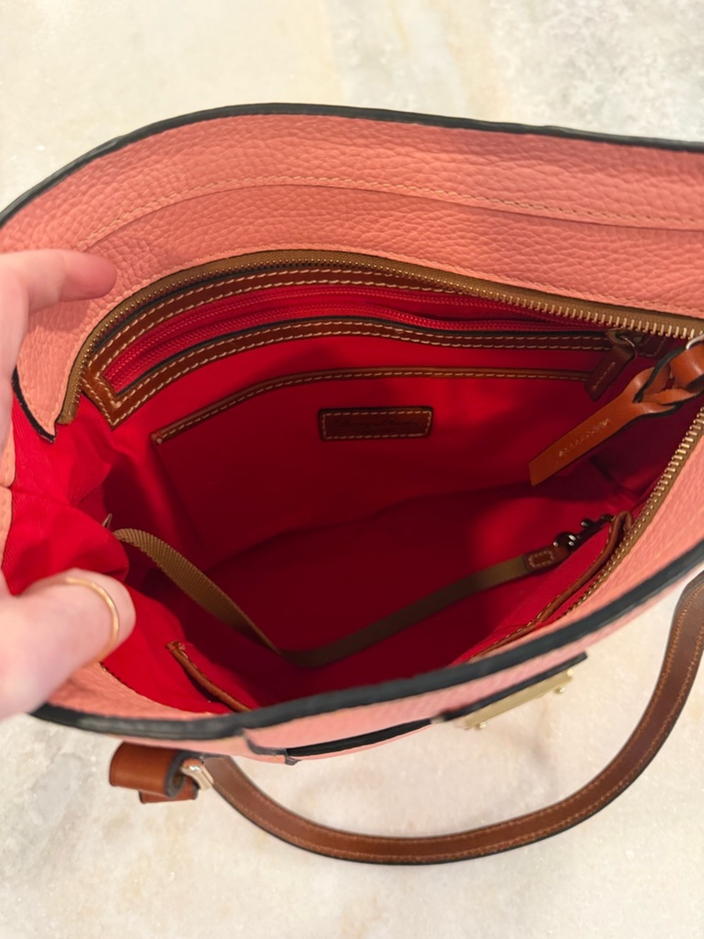 Dooney & Bourke Coral Pink Pebbled Leather Tote with Brown Straps - Picture 6 of 8